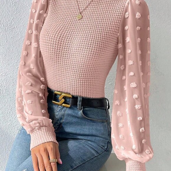 Pink Elegant Women's Stand Collar Mesh Contrast Long Sleeve Blouse - Picture 5 of 6